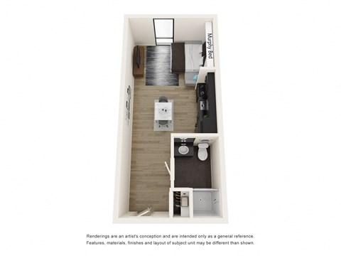 a floor plan of a studio apartment with a bedroom and a living room